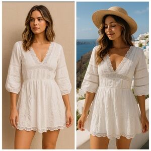 White Lace Mini Dress Cotton V Neck Tie Waist Large